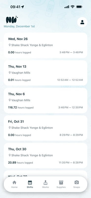 View complete shift history with hours logged